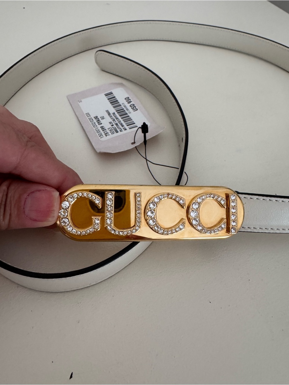 Gucci White Leather Belt with Gold Logo Buckle